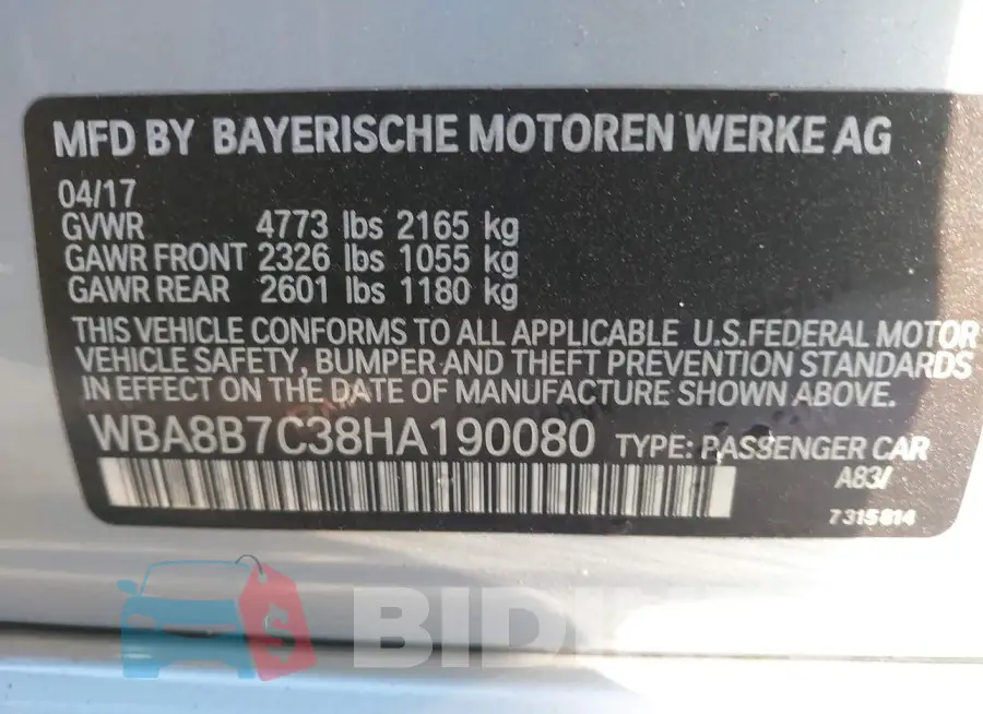 WBA8B7C38HA190080 Photo# 9
