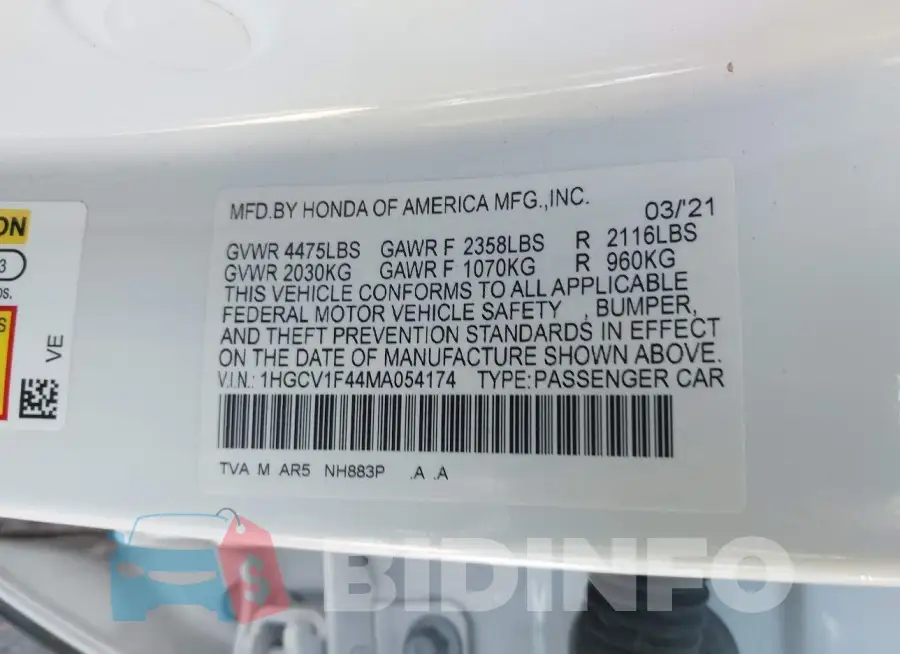 1HGCV1F44MA054174 Photo# 9