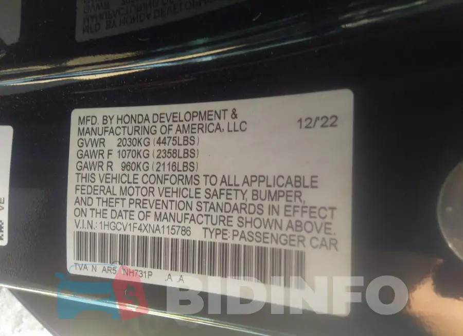 1HGCV1F4XNA115786 Photo# 9