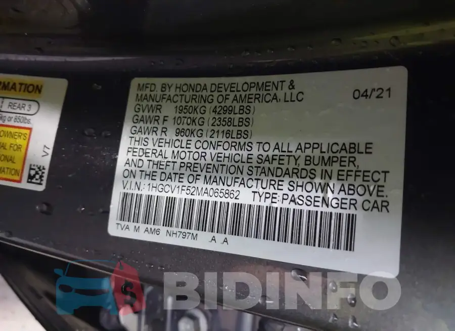 1HGCV1F52MA065862 Photo# 9