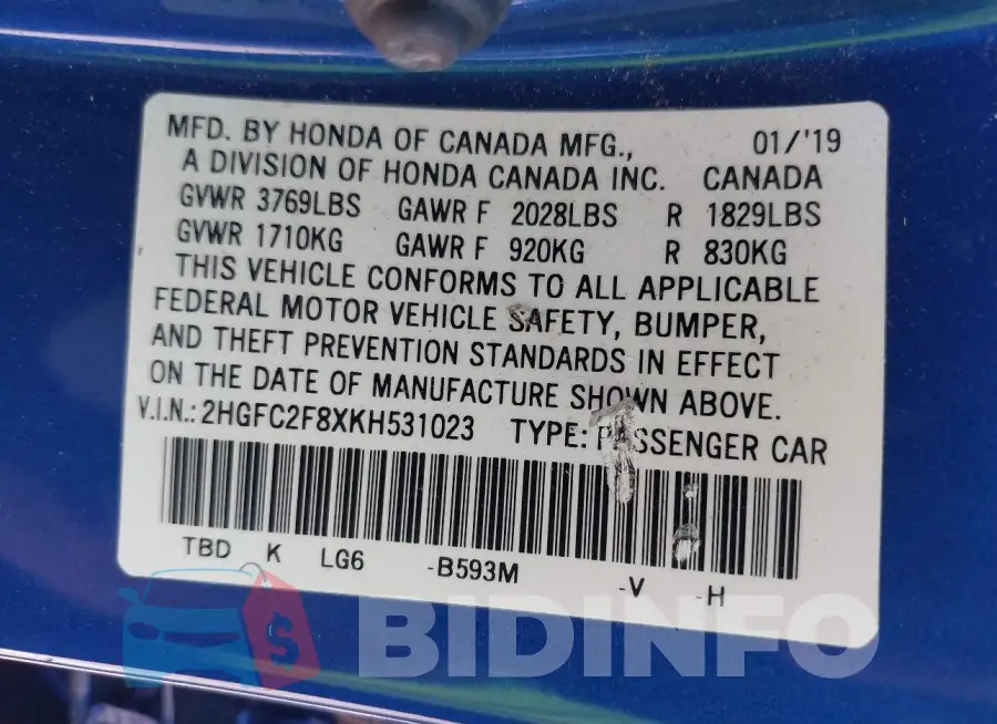 2HGFC2F8XKH531023 Photo# 9