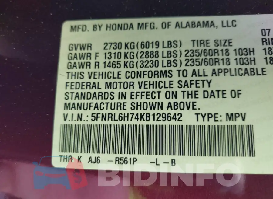 5FNRL6H74KB129642 Photo# 9