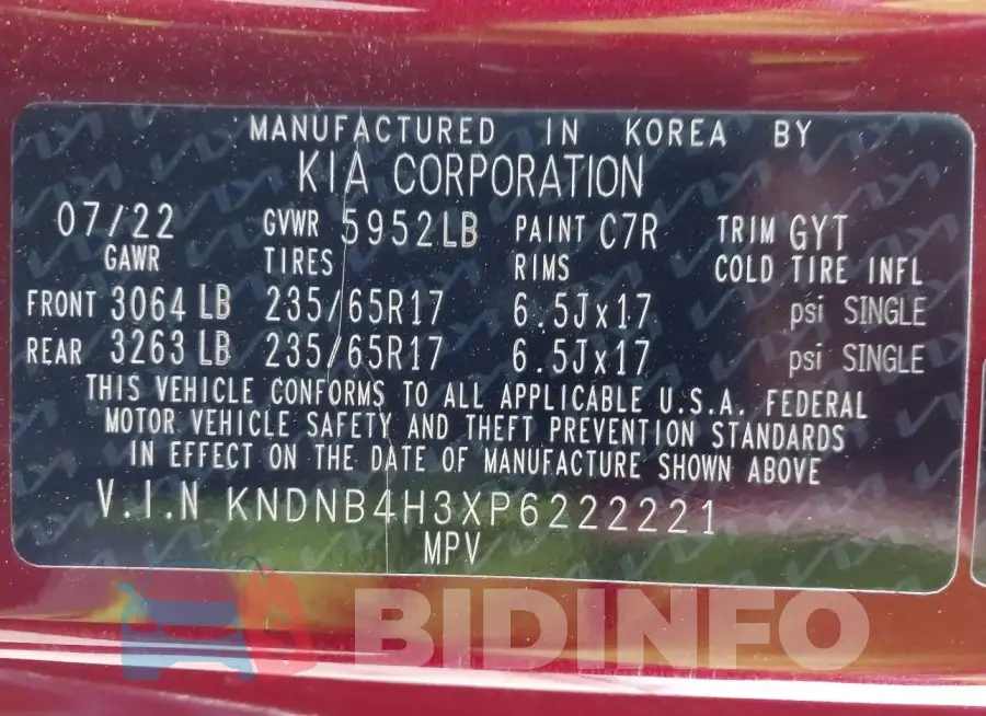 KNDNB4H3XP6222221 Photo# 9