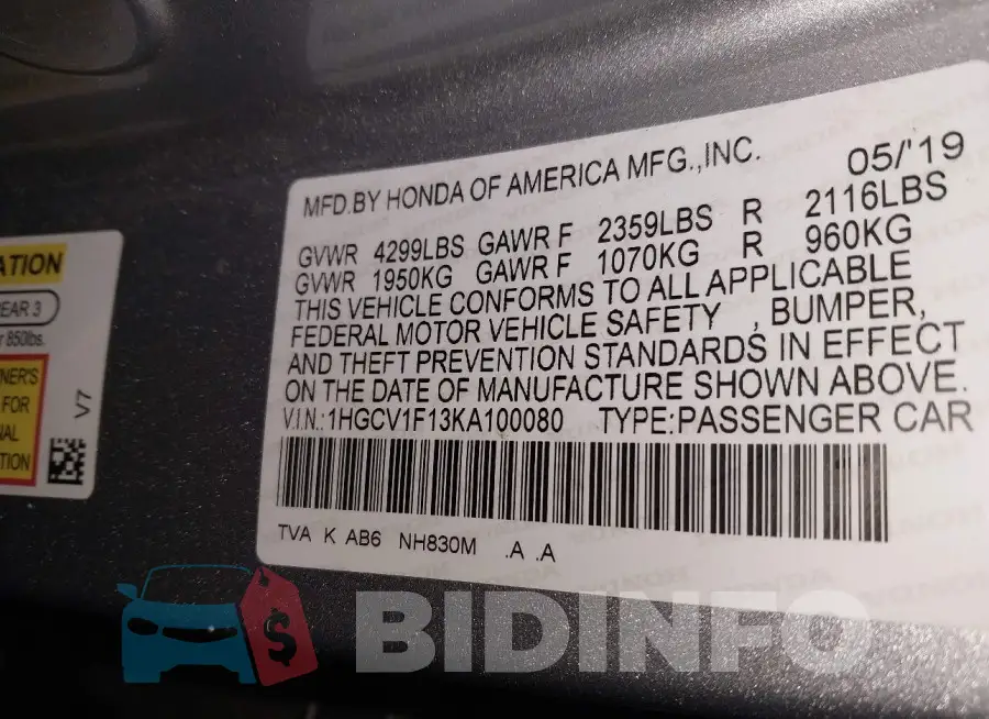 1HGCV1F13KA100080 Photo# 9