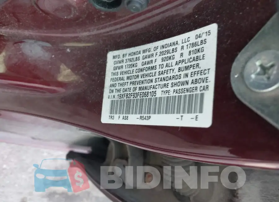 19XFB2F93FE068105 Photo# 9