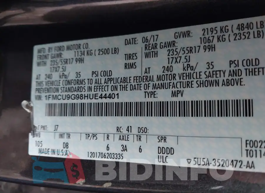 1FMCU9G98HUE44401 Photo# 9