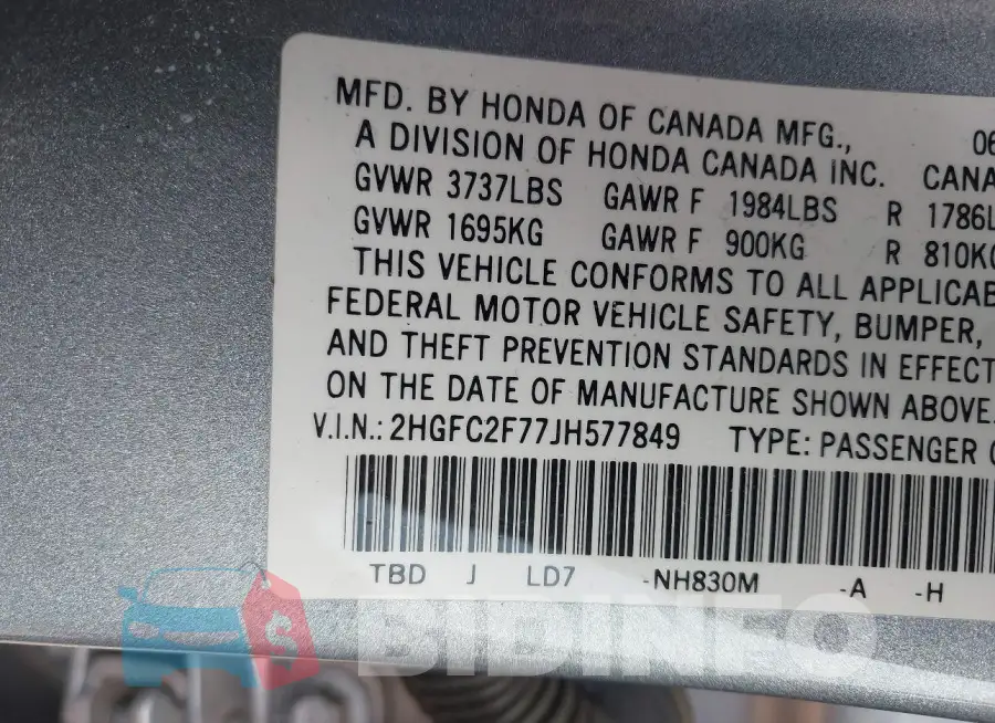 2HGFC2F77JH577849 Photo# 9