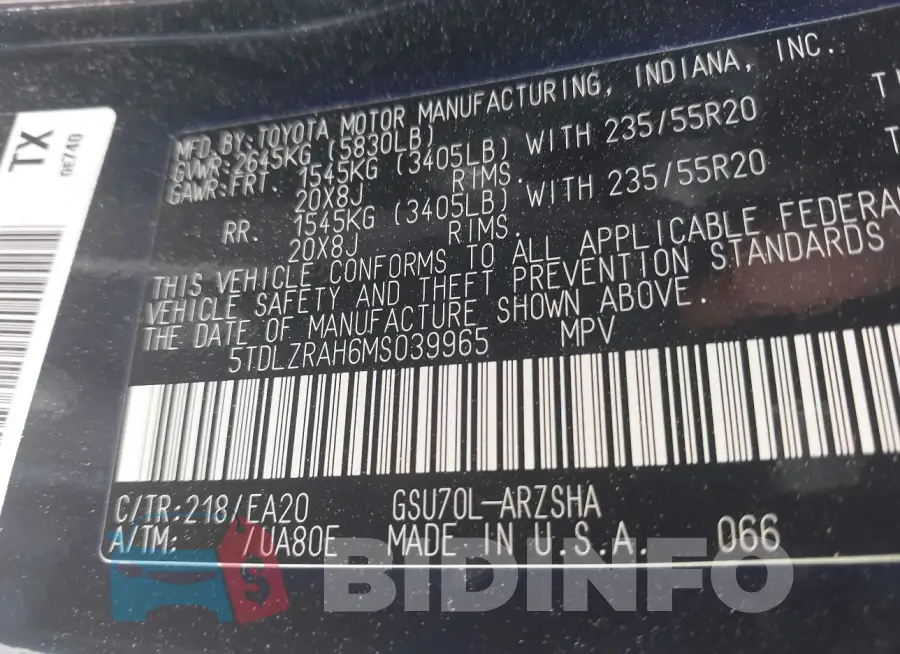 5TDLZRAH6MS039965 Photo# 9