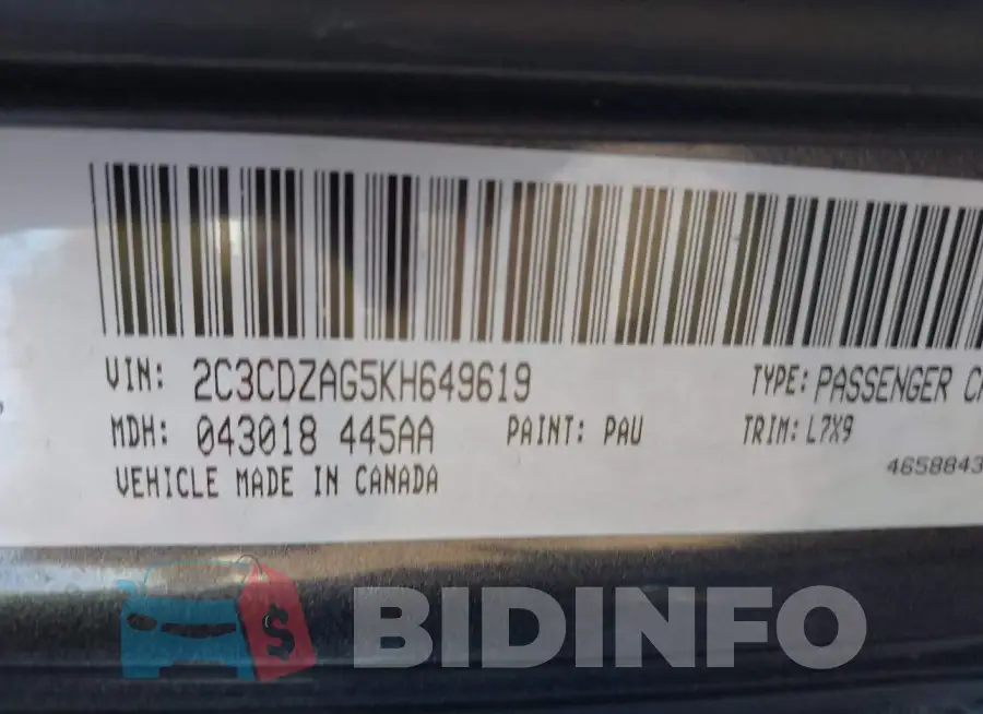 2C3CDZAG5KH649619 Photo# 9