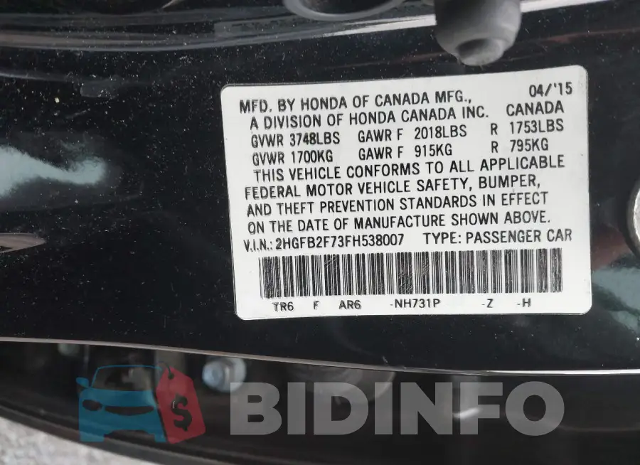 2HGFB2F73FH538007 Photo# 9