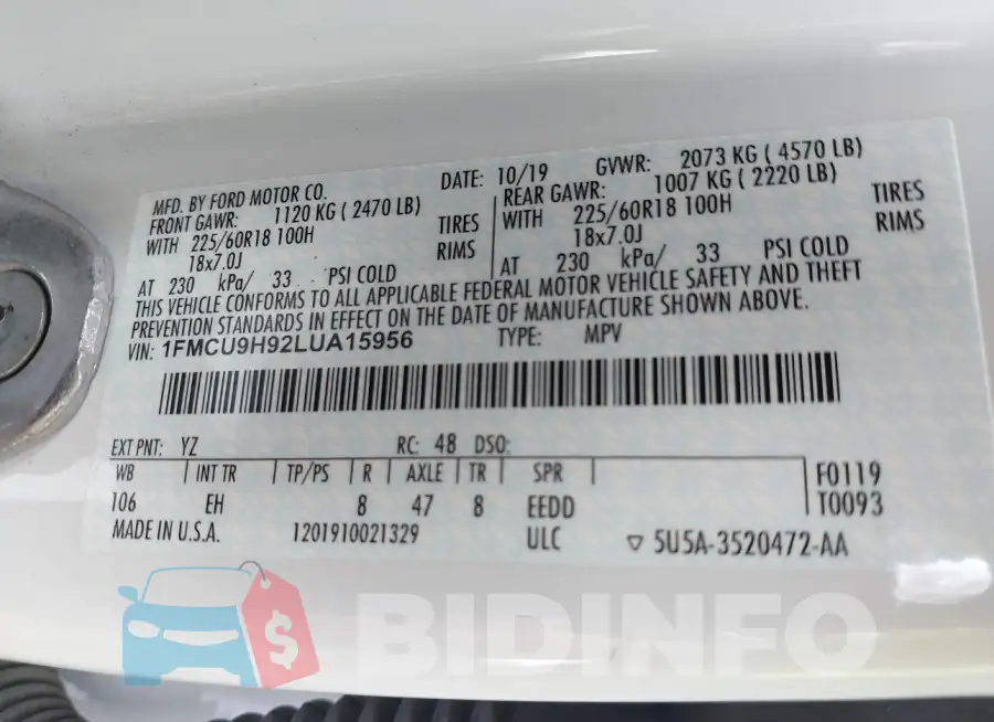 1FMCU9H92LUA15956 Photo# 9