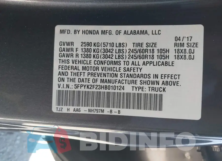 5FPYK2F23HB010124 Photo# 9