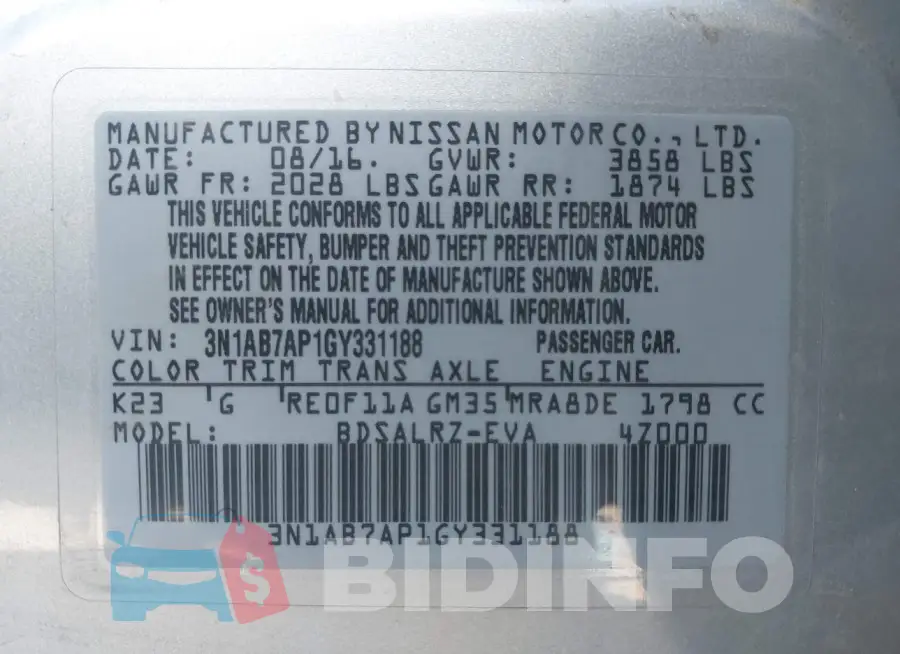 3N1AB7AP1GY331188 Photo# 9