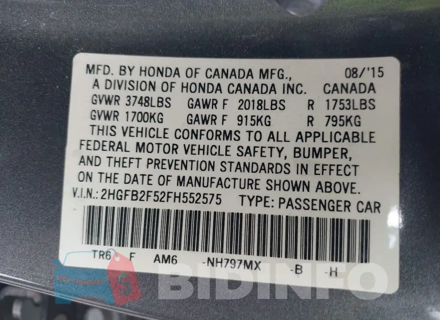 2HGFB2F52FH552575 Photo# 9