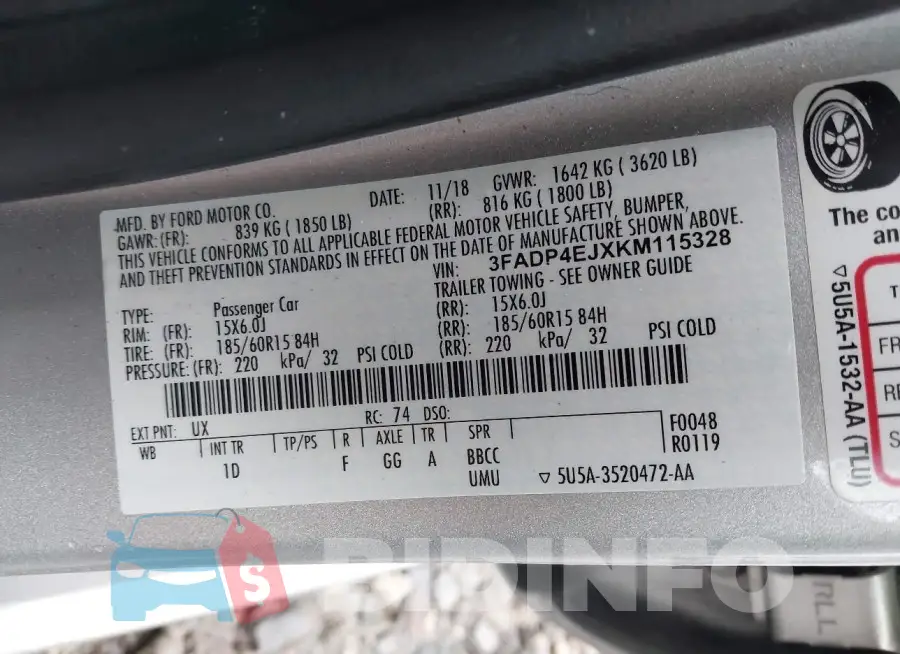 3FADP4EJXKM115328 Photo# 9