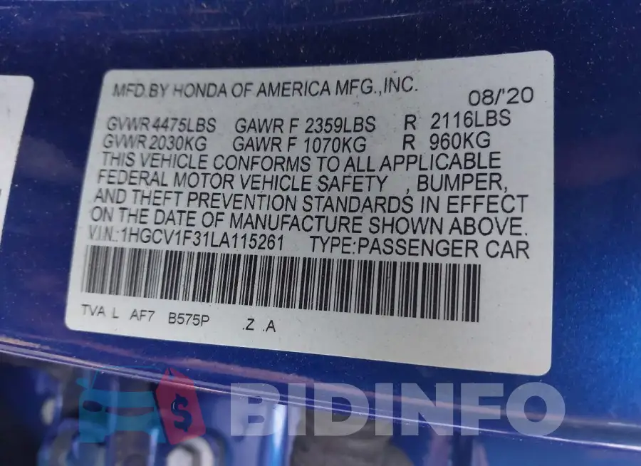1HGCV1F31LA115261 Photo# 9