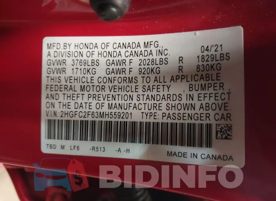 2HGFC2F63MH559201 Photo# 9