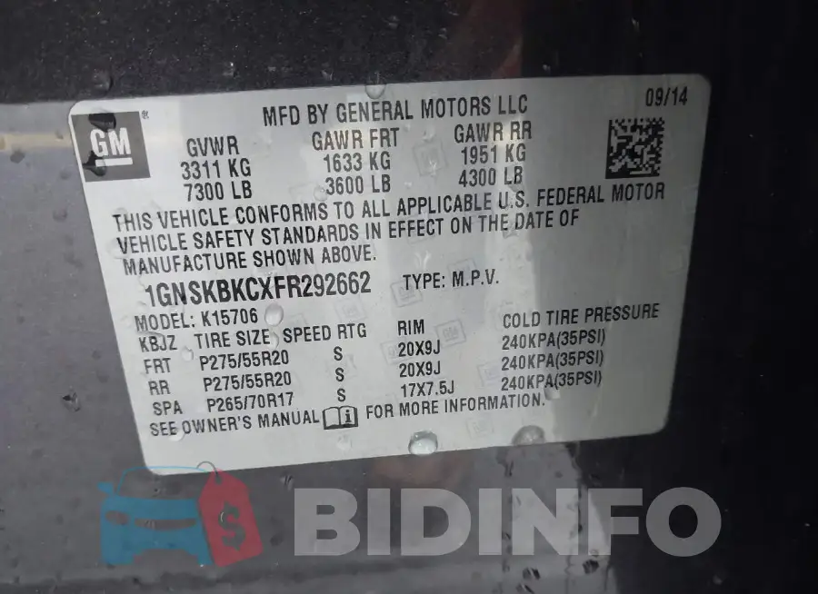 1GNSKBKCXFR292662 Photo# 9