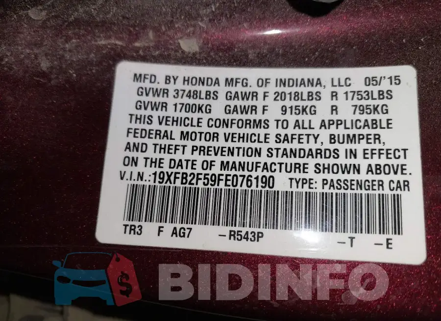 19XFB2F59FE076190 Photo# 9