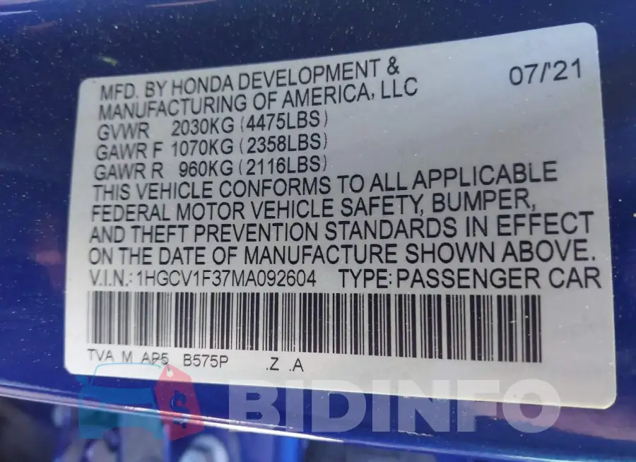 1HGCV1F37MA092604 Photo# 9
