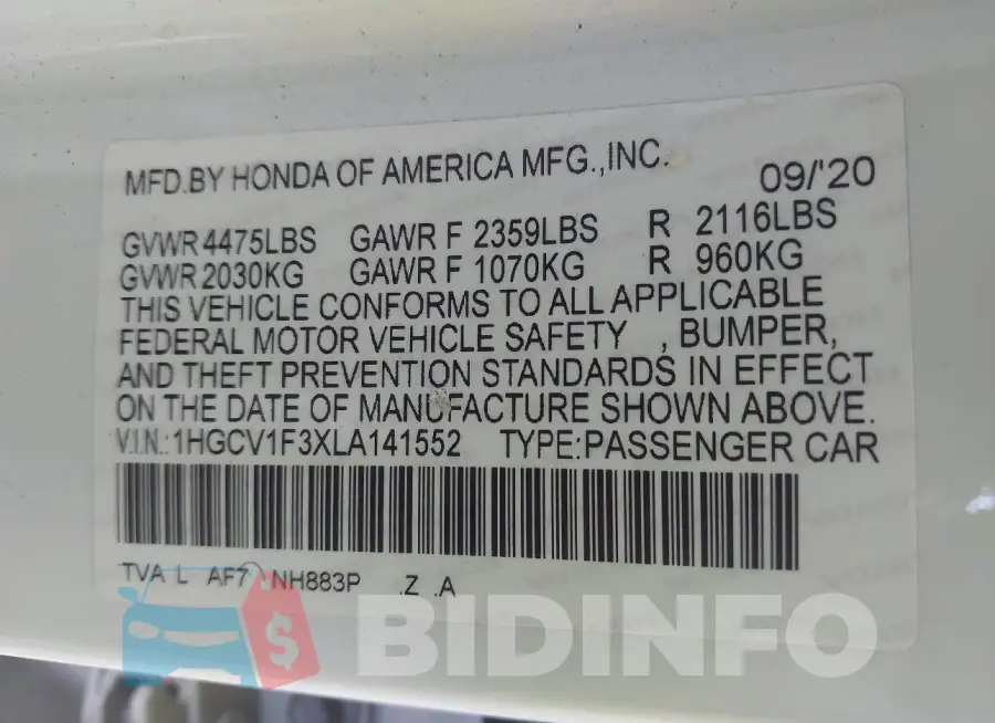 1HGCV1F3XLA141552 Photo# 9