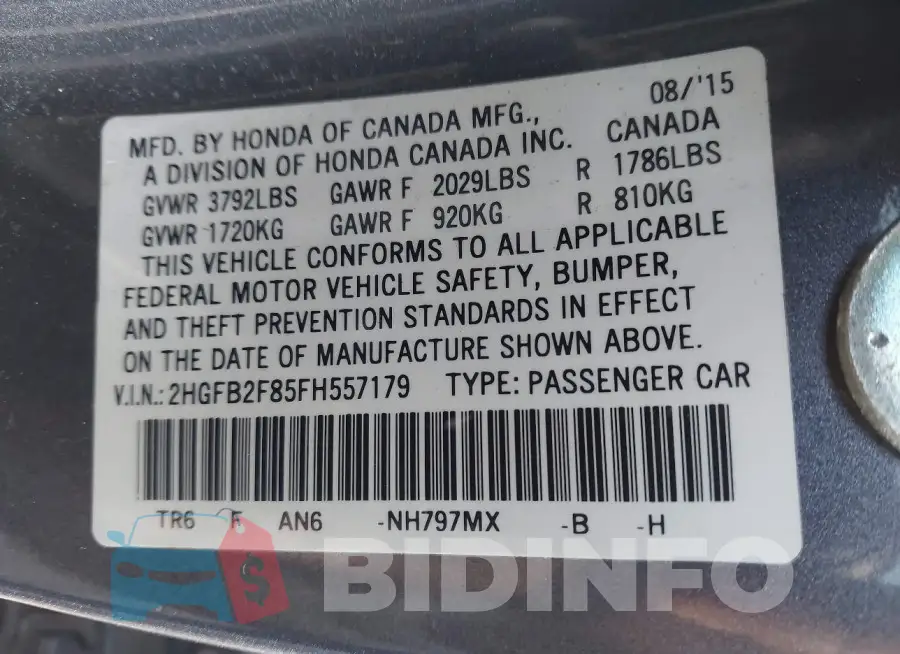 2HGFB2F85FH557179 Photo# 9