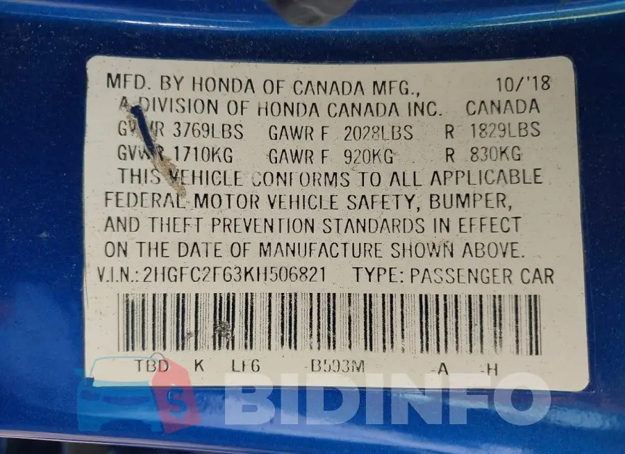 2HGFC2F63KH506821 Photo# 9