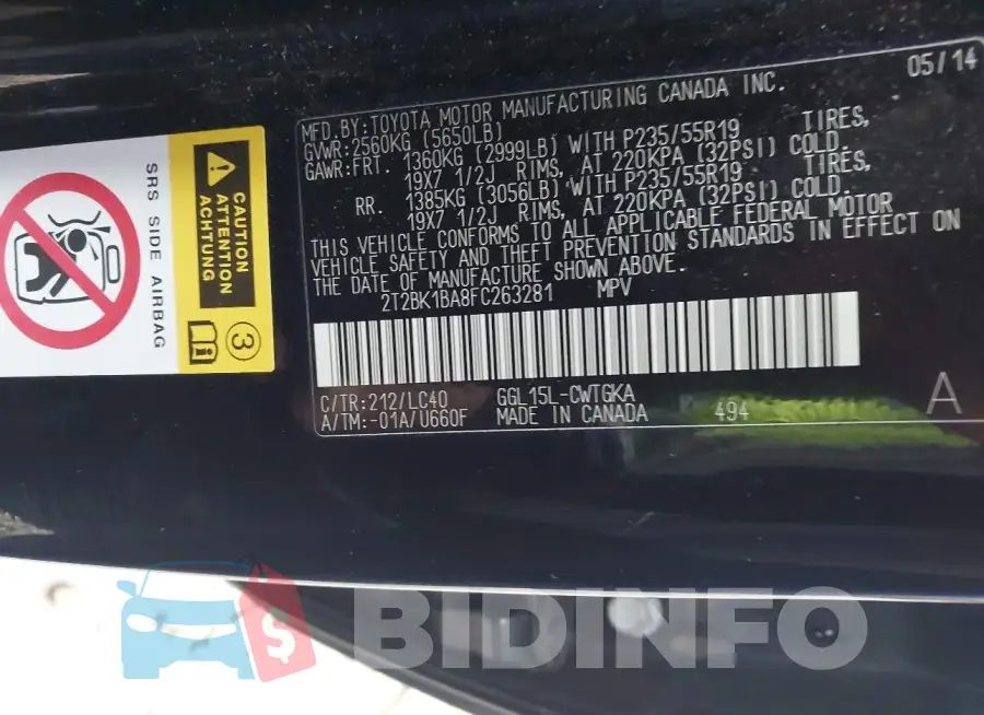2T2BK1BA8FC263281 Photo# 9