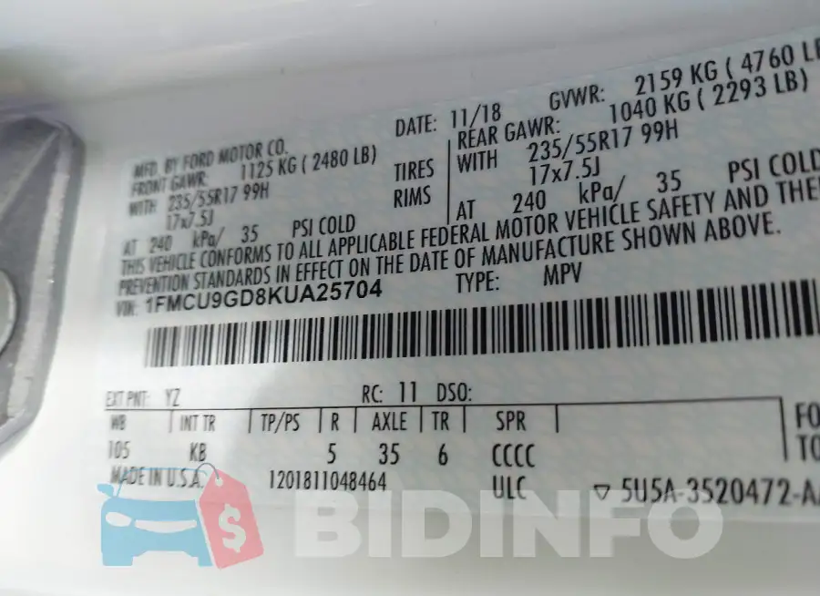 1FMCU9GD8KUA25704 Photo# 9