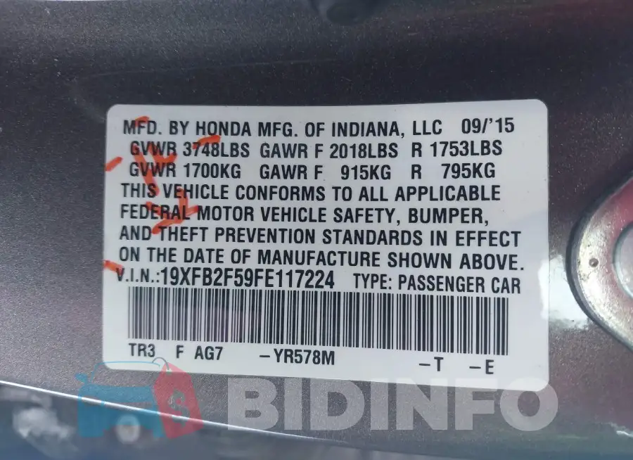 19XFB2F59FE117224 Photo# 9