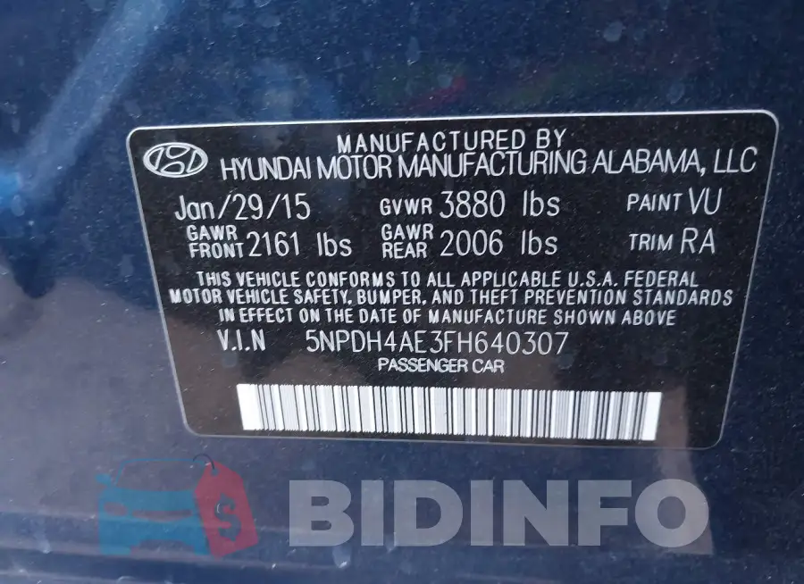 5NPDH4AE3FH640307 Photo# 9