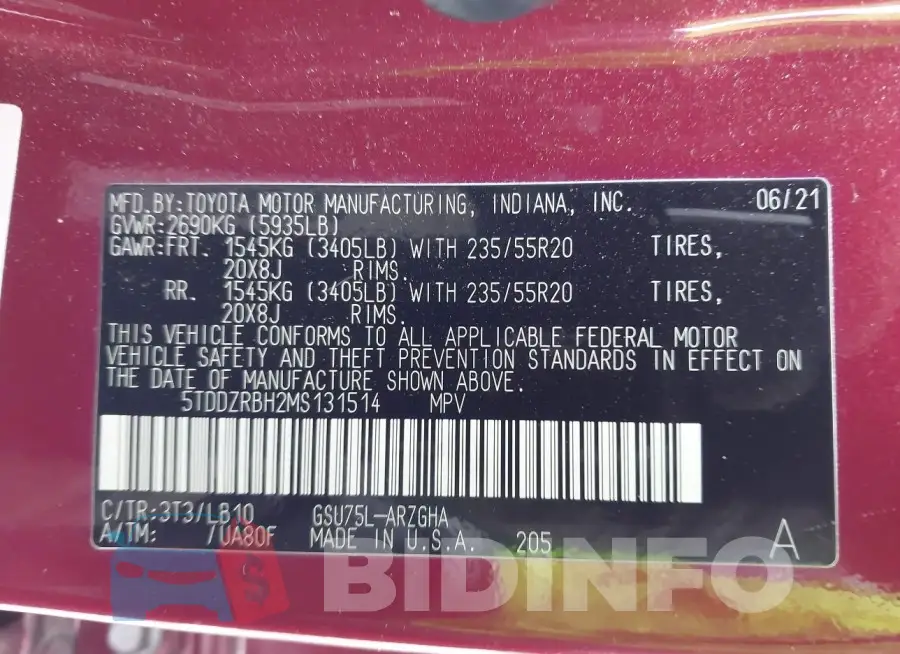 5TDDZRBH2MS131514 Photo# 9