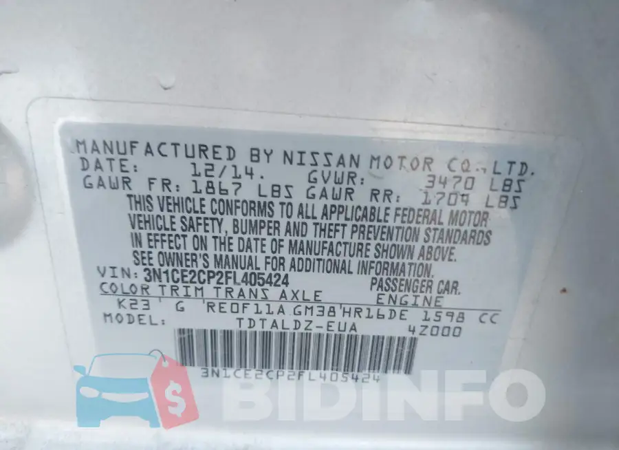 3N1CE2CP2FL405424 Photo# 9