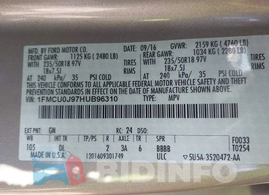 1FMCU0J97HUB96310 Photo# 9