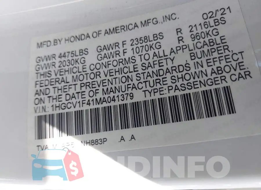 1HGCV1F41MA041379 Photo# 9