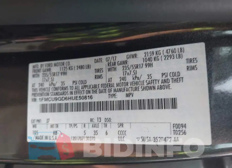 1FMCU9GD6HUE50816 Photo# 9