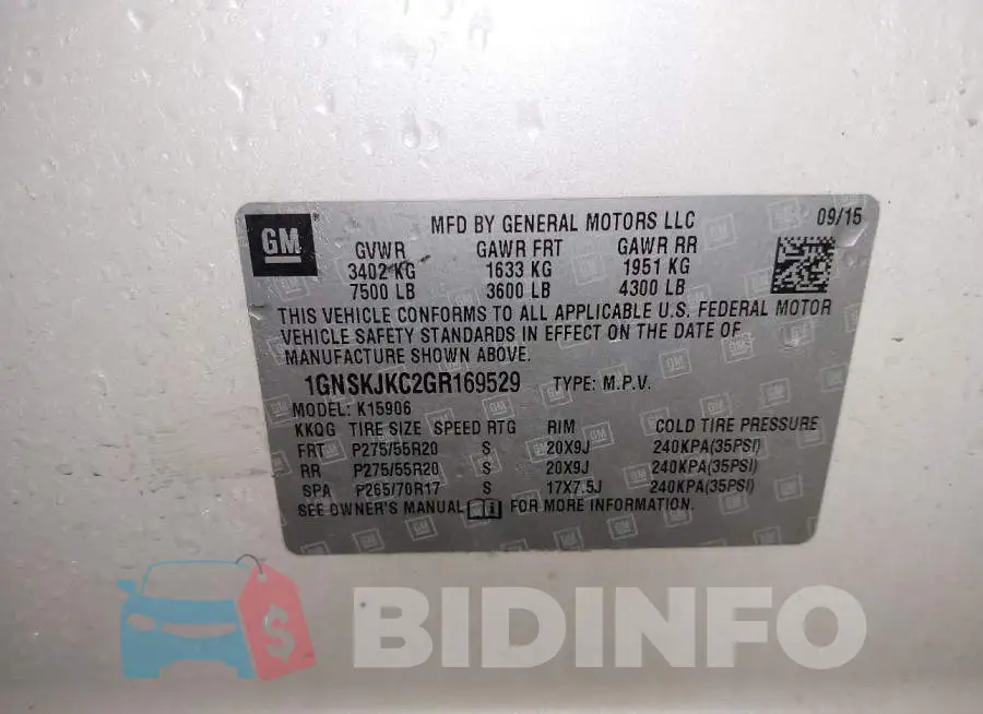 1GNSKJKC2GR169529 Photo# 9
