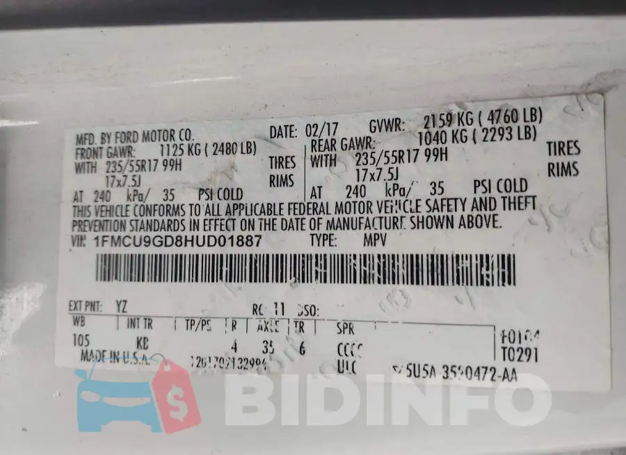 1FMCU9GD8HUD01887 Photo# 9