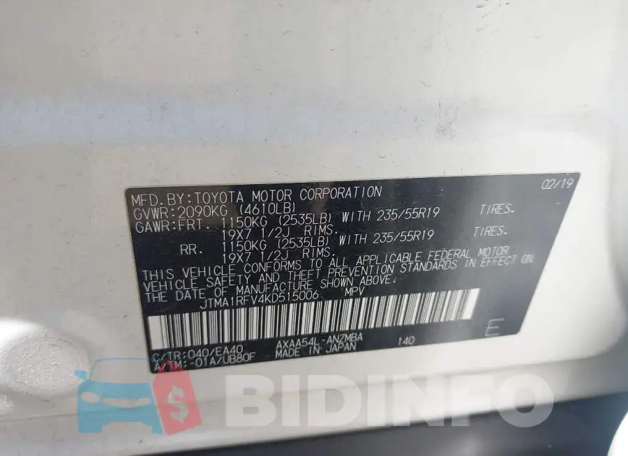 JTMA1RFV4KD515006 Photo# 9