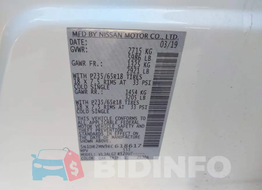 5N1DR2MN9KC618617 Photo# 9