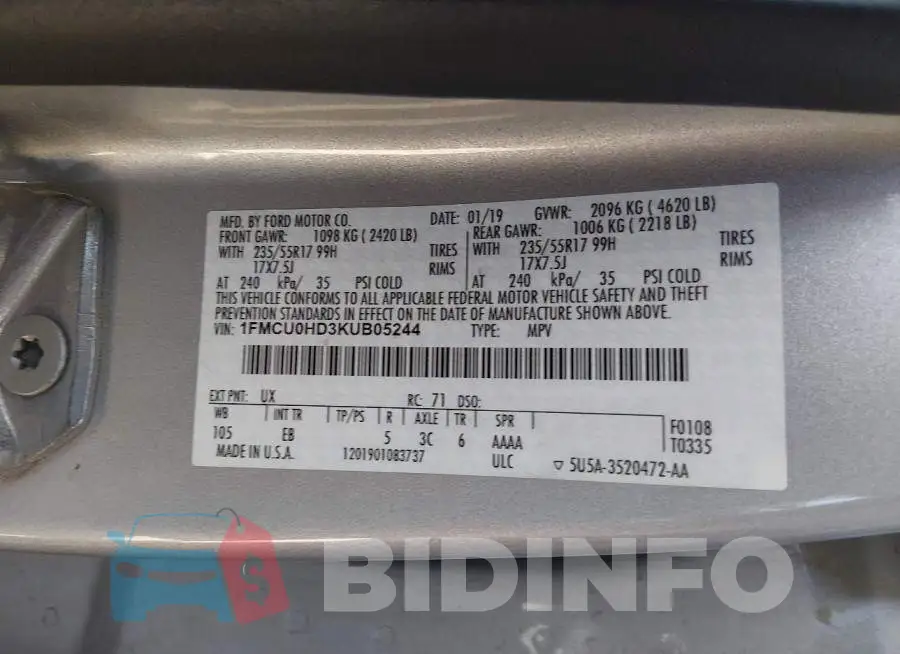 1FMCU0HD3KUB05244 Photo# 9