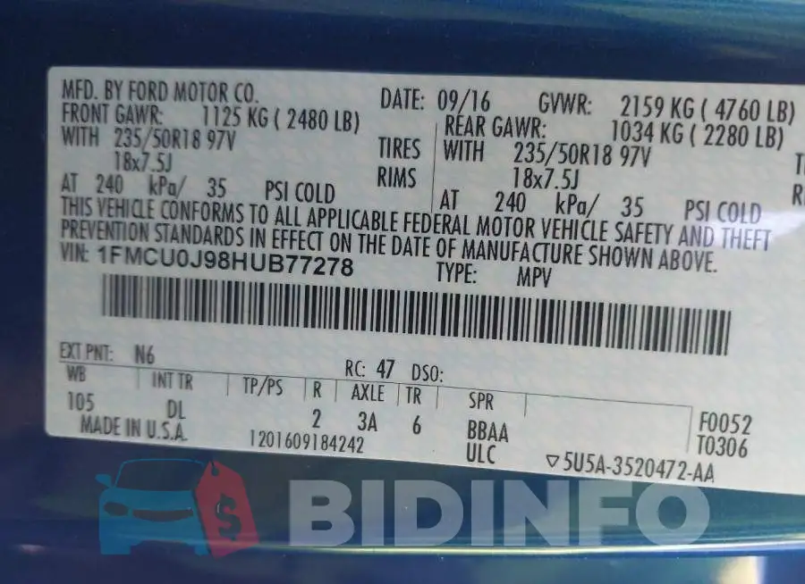 1FMCU0J98HUB77278 Photo# 9