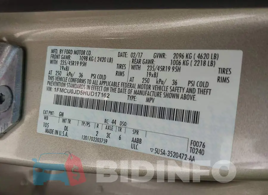 1FMCU0JD5HUD17162 Photo# 9