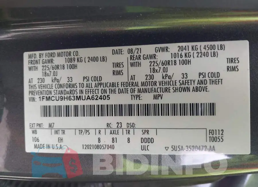 1FMCU9H63MUA62405 Photo# 9