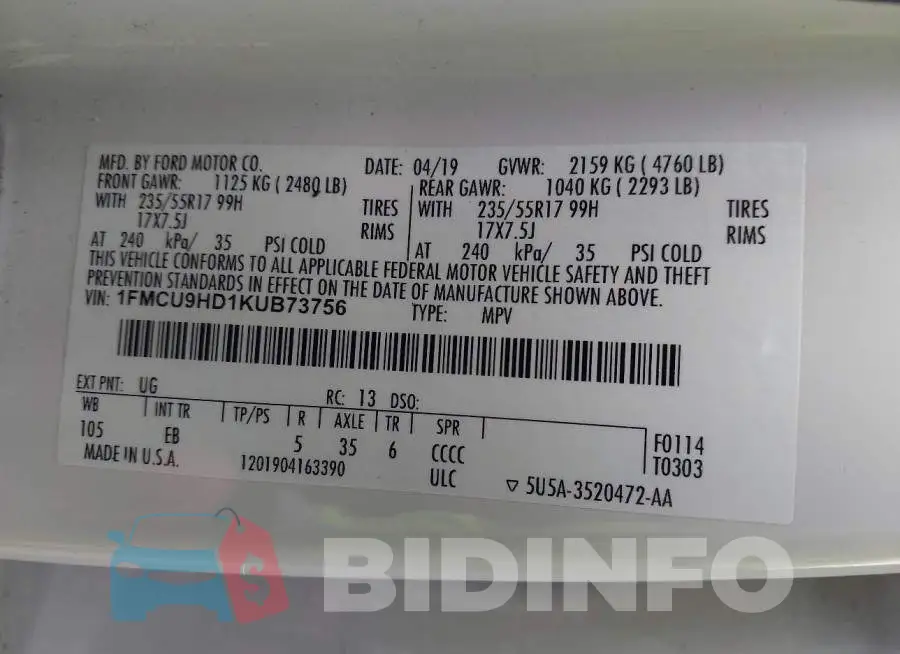 1FMCU9HD1KUB73756 Photo# 9