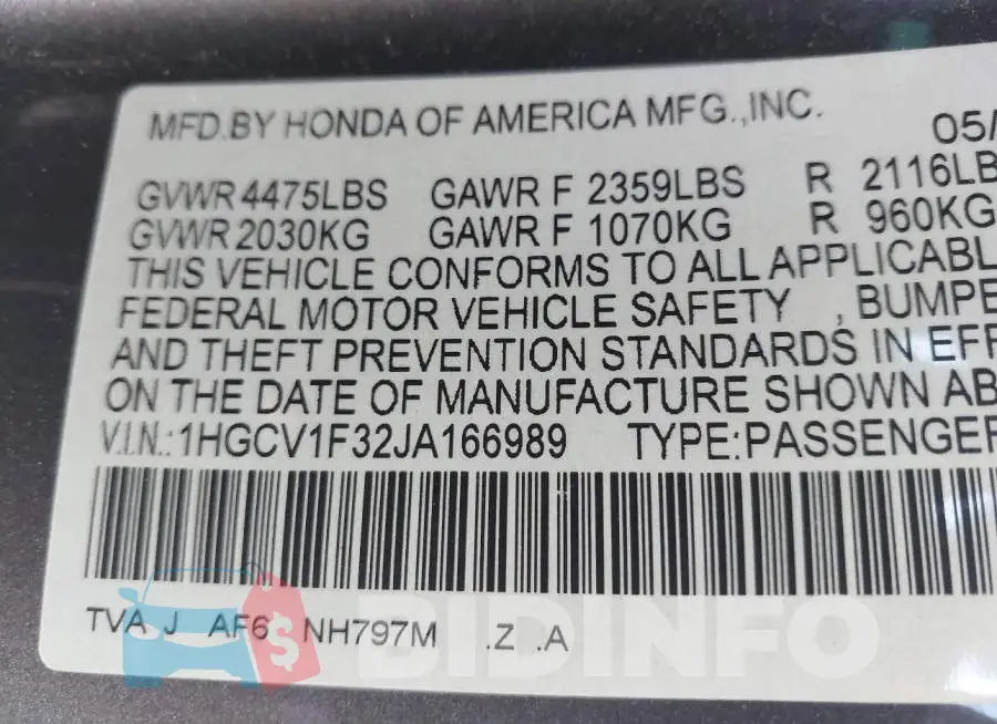 1HGCV1F32JA166989 Photo# 9