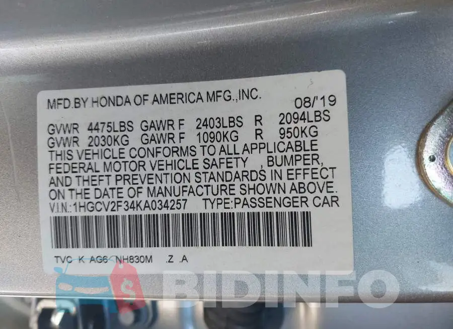 1HGCV2F34KA034257 Photo# 9