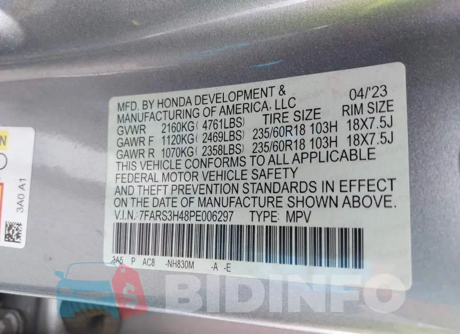 7FARS3H48PE006297 Photo# 9