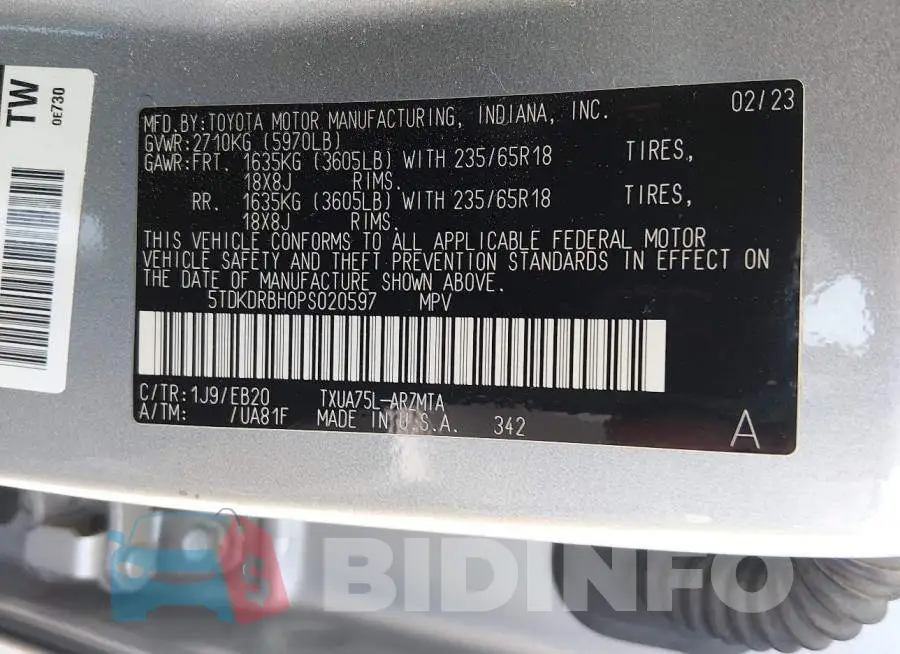 5TDKDRBH0PS020597 Photo# 9