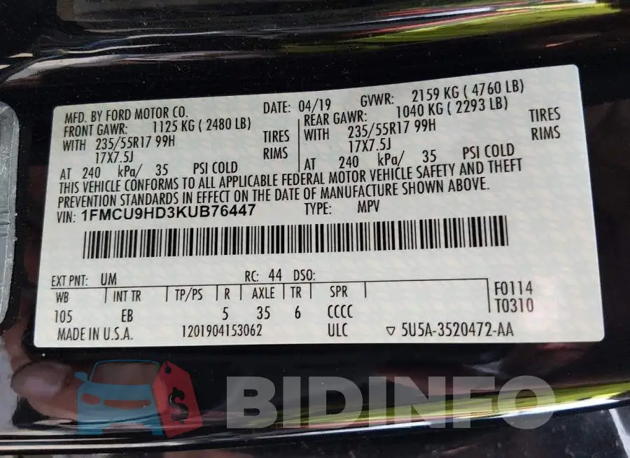 1FMCU9HD3KUB76447 Photo# 9